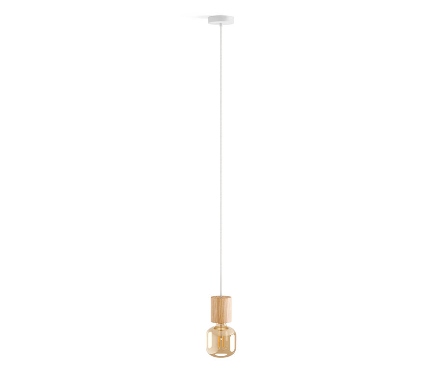 Une suspension en bois avec un câble blanc.