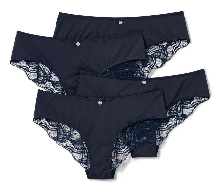 Quatre slips brésiliens bleu foncé avec de la dentelle.