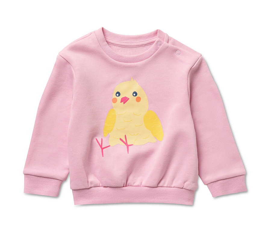 Sweat-shirt rose pour enfant avec un poussin imprimé.