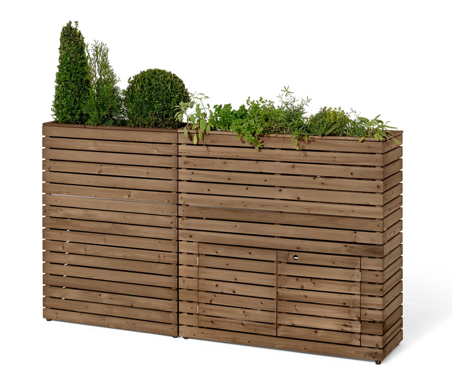 Deux jardinières marron »Tinus« avec rangement et plantes.
