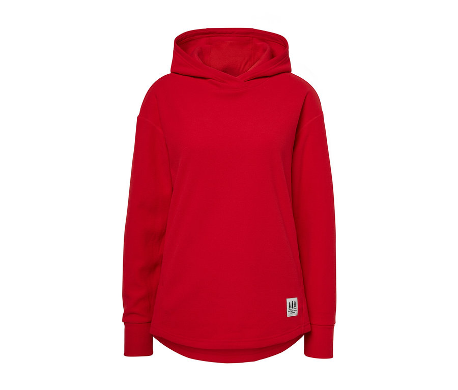 Pull outdoor rouge à capuche.
