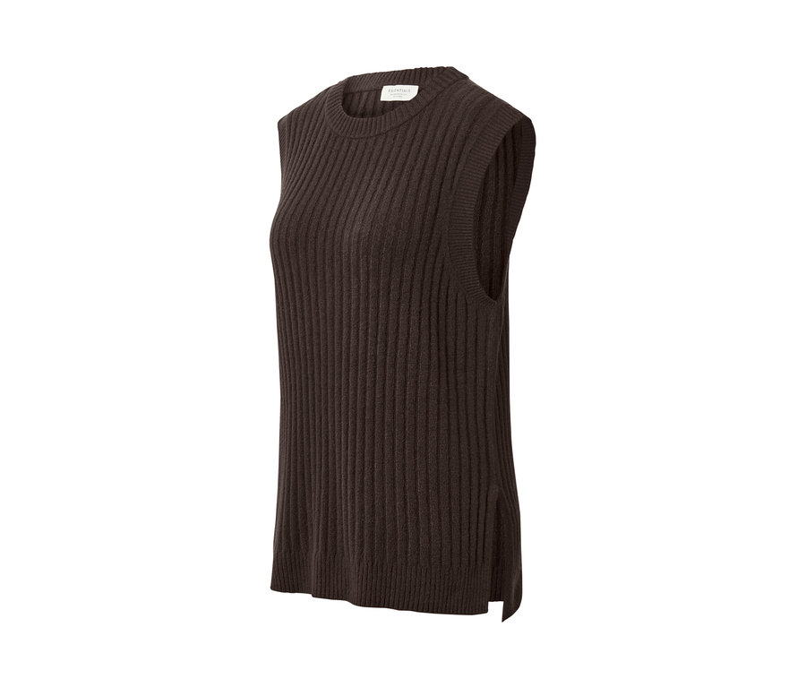 Pull sans manches en maille marron à côtes.