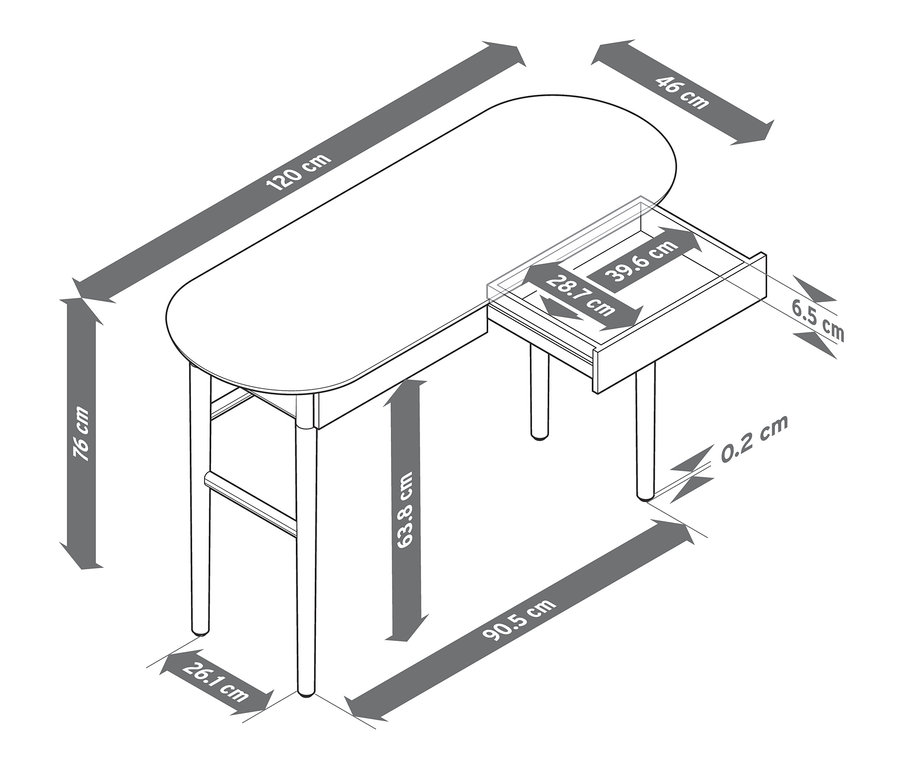 Schéma d'un secrétaire avec tiroirs, avec les dimensions indiquées.