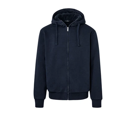 Veste de survêtement bleu marine à capuche avec doublure en peluche et fermeture éclair sur le devant.