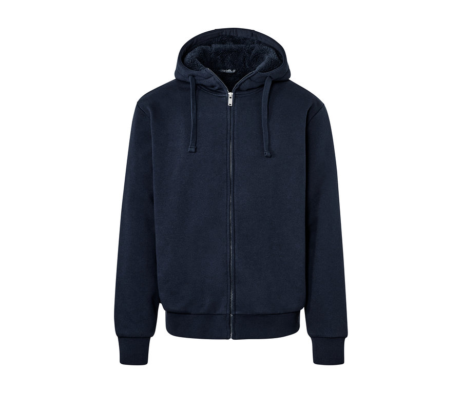 Veste de survêtement bleu marine à capuche avec doublure en peluche et fermeture éclair sur le devant.