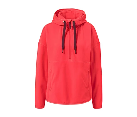 Pull-over en polaire à capuche rouge avec cordon de serrage.