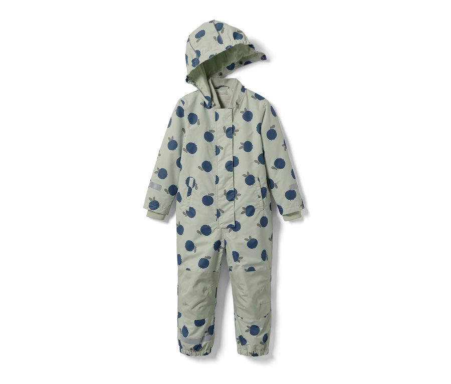 Combinaison de pluie pour tout-petit avec motif de baies bleues sur fond gris.