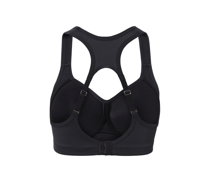 Vue détaillée de dos d'un soutien-gorge de sport noir.