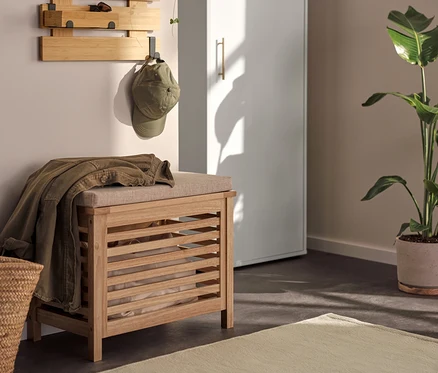 Intérieur avec armoire universelle, étagère murale et coffre en bois massif avec coussin.