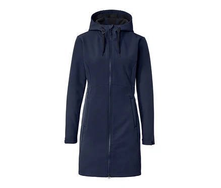 Un manteau en softshell bleu avec une capuche et une fermeture éclair.