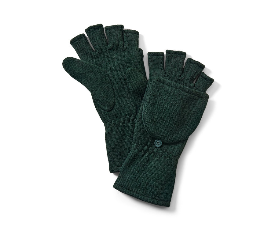 Deux mitaines avec moufles amovibles en maille polaire vertes posées sur un fond blanc.