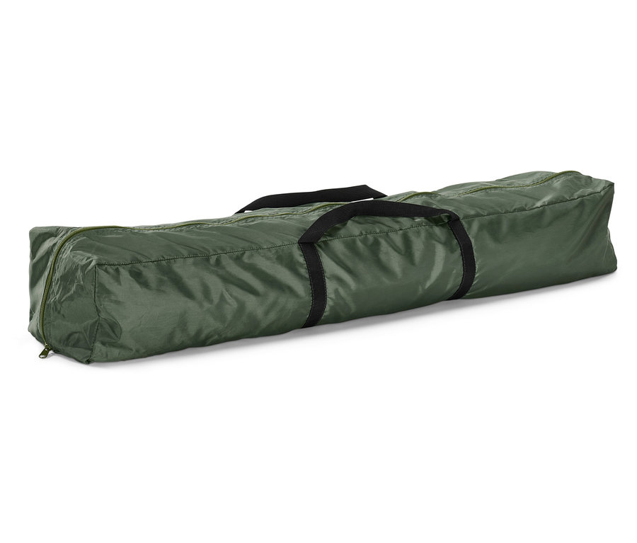 Une serre de protection à adosser verte avec fermeture éclair et des sangles noires.