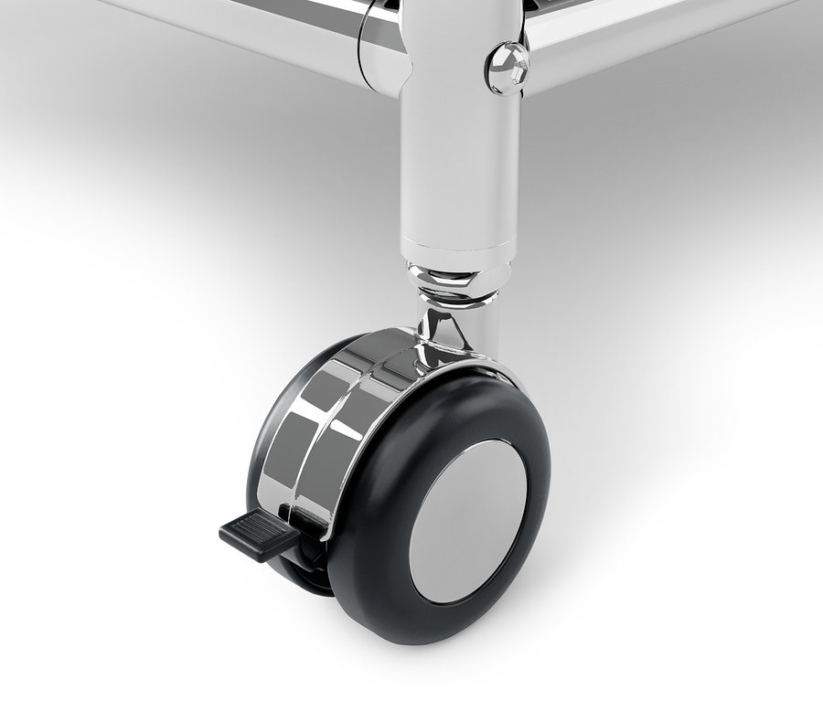 Gros plan sur une roue du caisson en métal à roulettes « CN3 » blanc avec 3 portes.