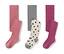 Trois collants pour enfant : rose, gris et rose baies.