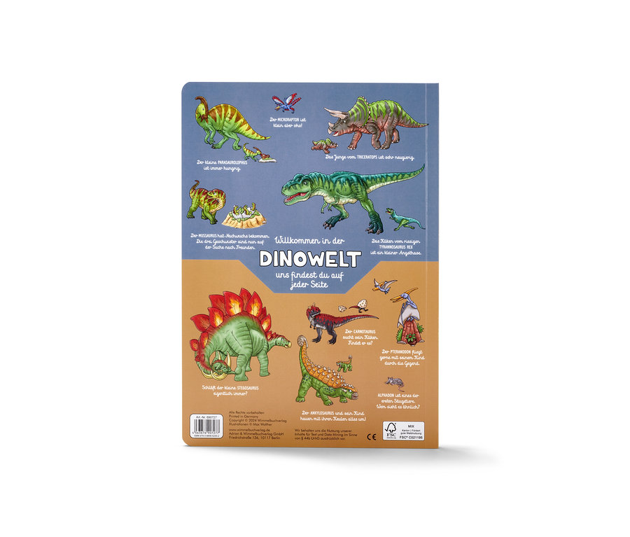 Image de la quatrième de couverture du livre « Dinosaurier Wimmelbuch » présentant des illustrations de divers dinosaures et des descriptions en allemand.
