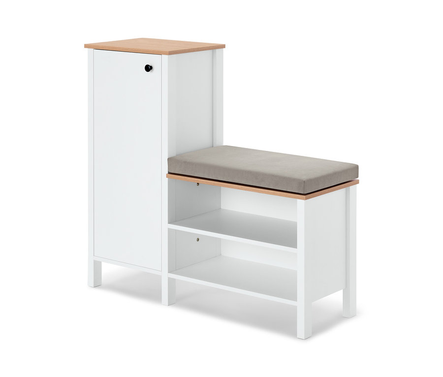 Une banquette avec armoire à chaussures blanche et un coussin d'assise gris.