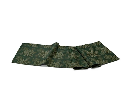 Chemin de table en jacquard vert avec motif de flocons de neige.