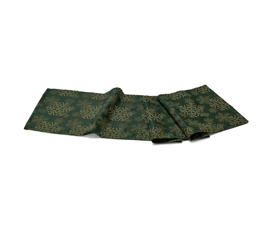 Chemin de table en jacquard vert avec motif de flocons de neige.