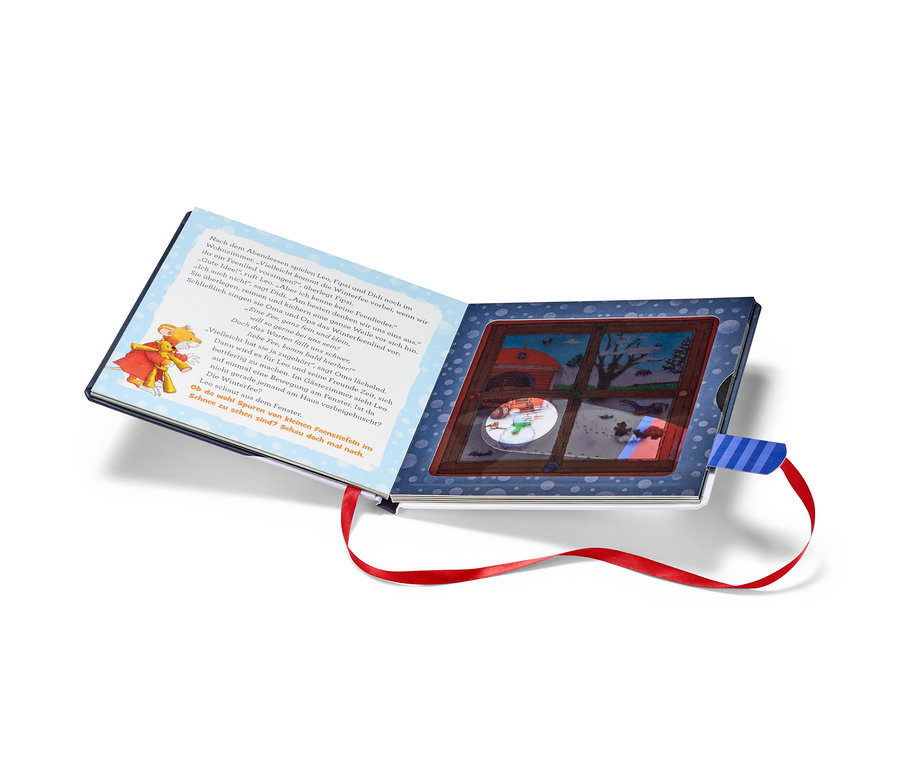 Livre ouvert «	Leo Lausemaus – mon livre de poche lampe de poche	» avec illustrations et texte.