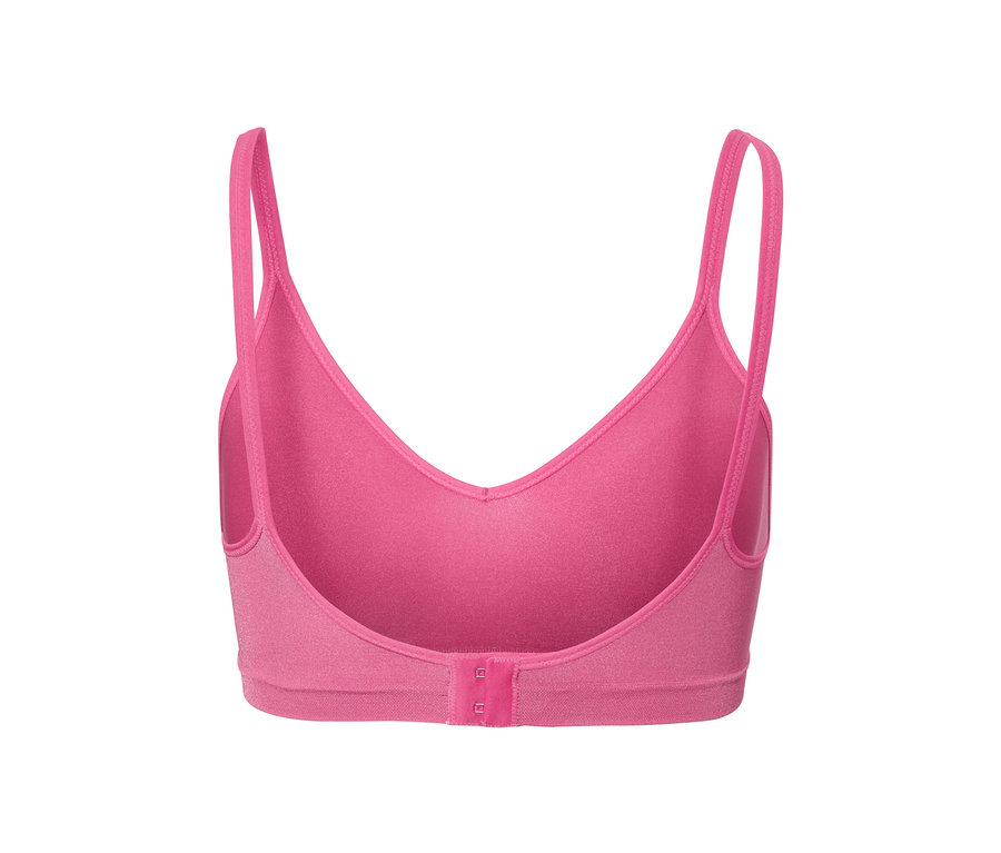 Détail du dos d'un soutien-gorge doux sans coutures rose.