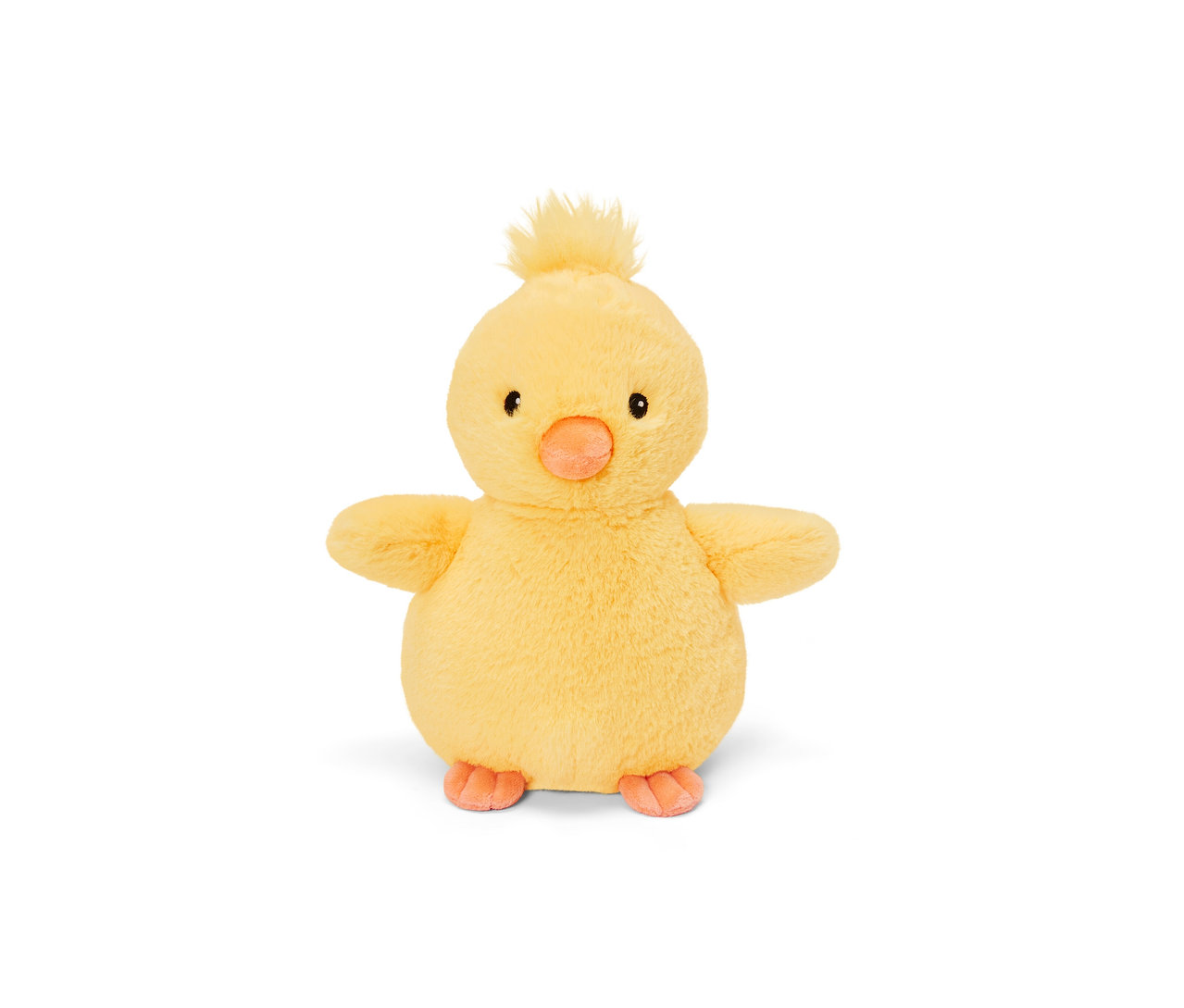 Un poussin en peluche jaune avec un bec et des pieds orange se tient sur un fond blanc.