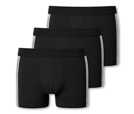 Trois shorts SCHIESSER noirs, lot de 3, avec une bande blanche sur le côté.