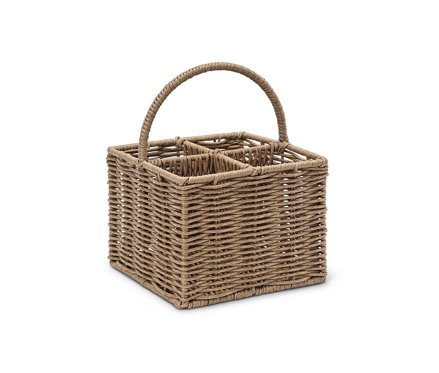 Un panier à couverts marron avec une poignée et quatre compartiments.