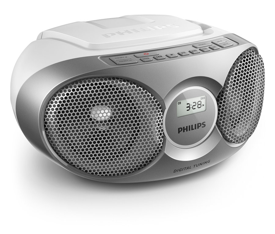 Gros plan d'un boombox CD Philips « AZ215 » gris.