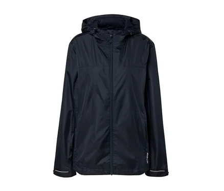Une veste de pluie unisexe bleu marine avec fermeture éclair et capuche.