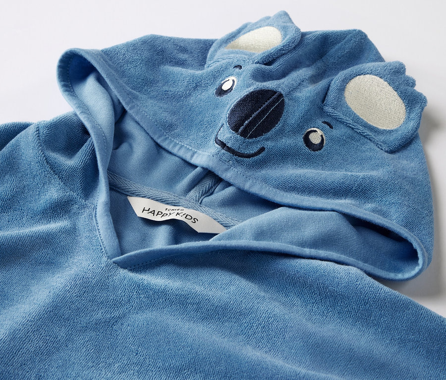 Poncho bleu en tissu éponge pour enfant avec capuche ornée d'un motif koala.