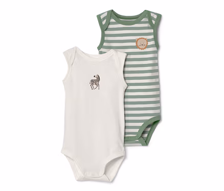 Deux bodys pour bébé avec fonction évolutive : Un body blanc avec un imprimé zèbre et un body vert rayé avec une tête de lion.
