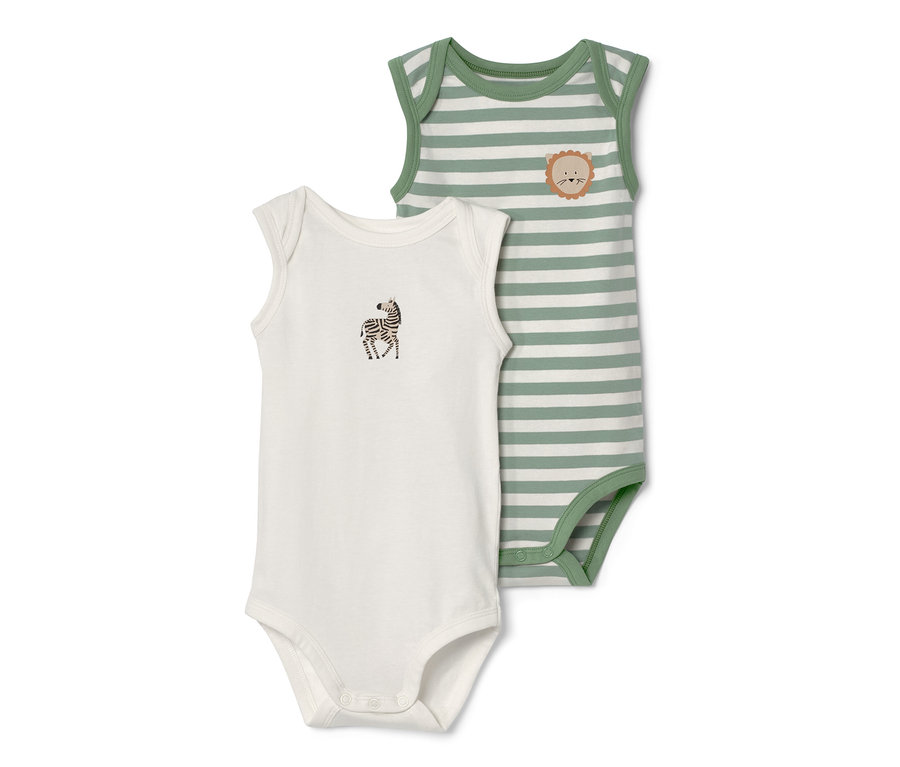 Deux bodys pour bébé avec fonction évolutive : Un body blanc avec un imprimé zèbre et un body vert rayé avec une tête de lion.