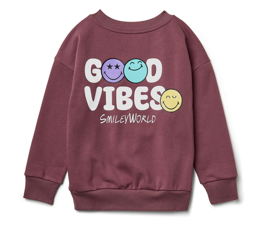Sweat-shirt bordeaux avec l'inscription "Good Vibes" et des images de smiley.