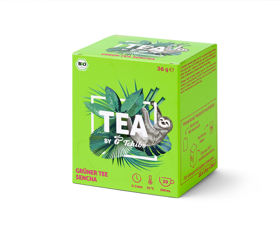 Paquet vert de thé BIO TEA by Tchibo Sencha avec un paresseux.