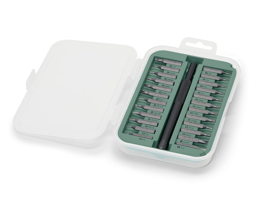 Un jeu de tournevis de précision dans un boîtier en plastique.