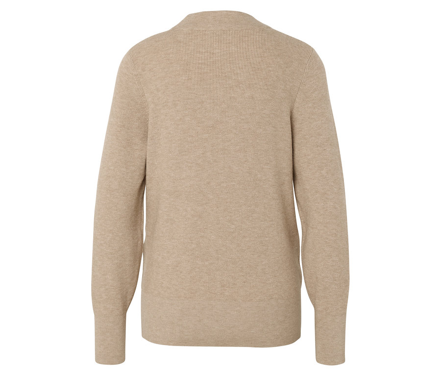 Cardigan beige à manches longues et col en V.