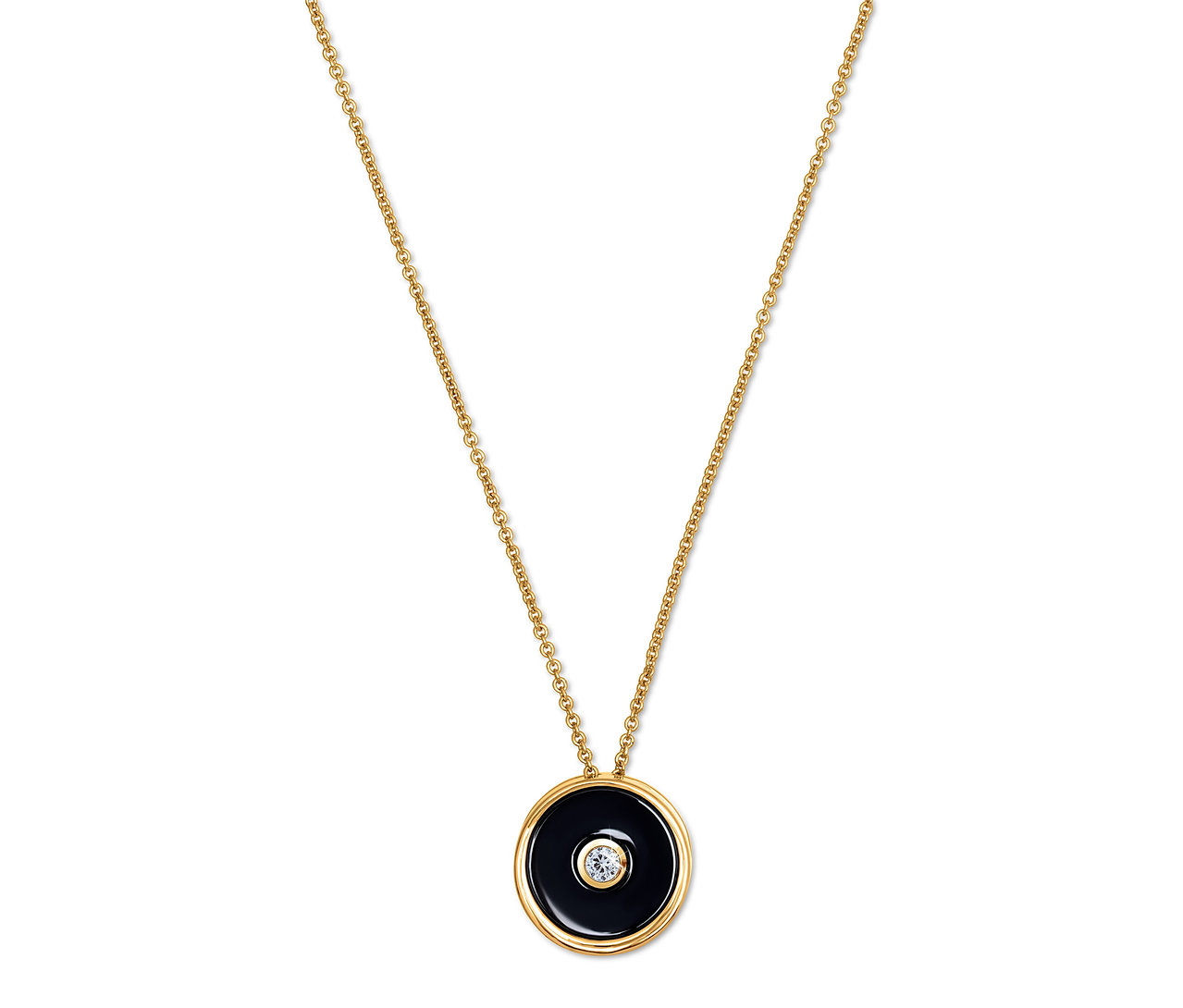 Collier en or avec un pendentif rond noir et un petit diamant au centre.