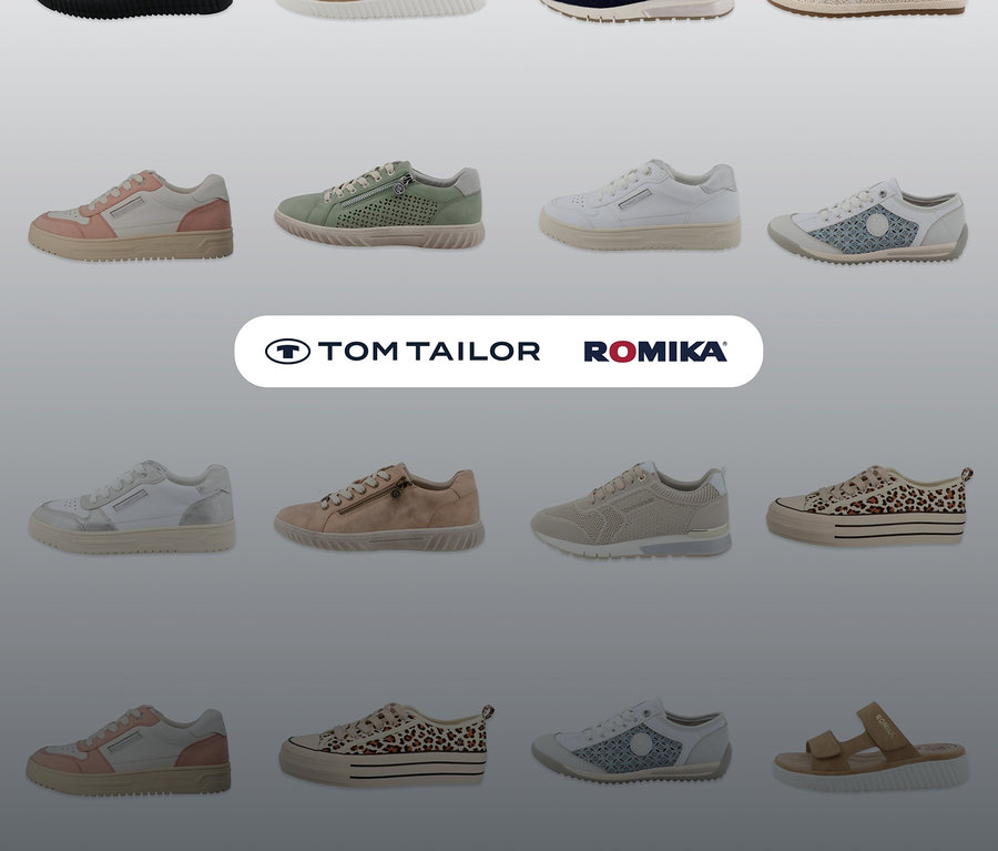 Différentes chaussures Tom Tailor et Romika, dont des sandales Romika, PU sable.