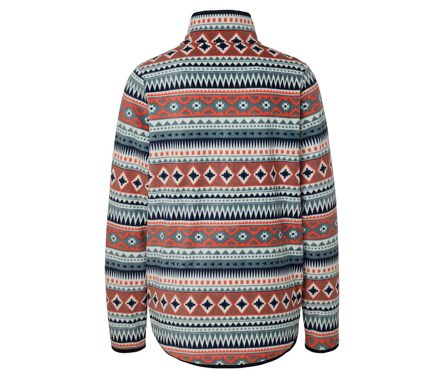 Vue arrière d'un pull en polaire à motifs dans les tons de blanc, de bleu et d'orange.
