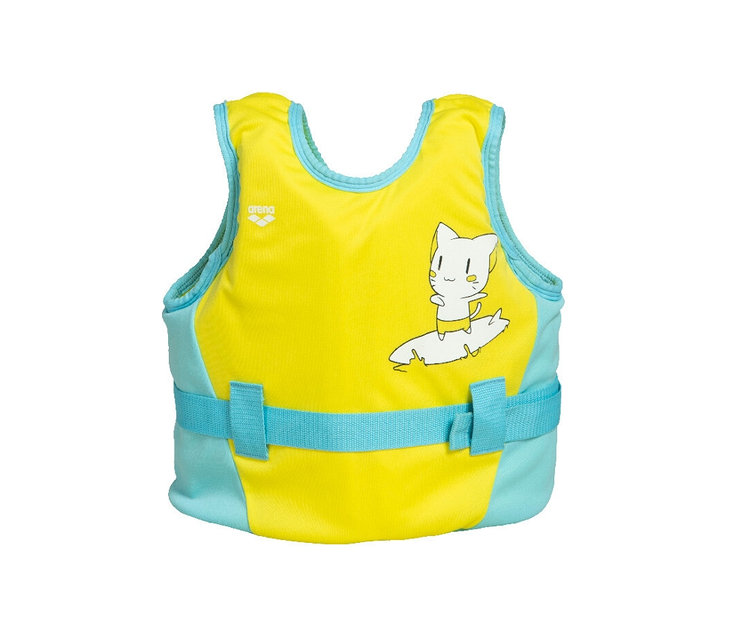 Gilet de natation arena Friends jaune et turquoise avec un chat de dessin animé sur une planche de surf.