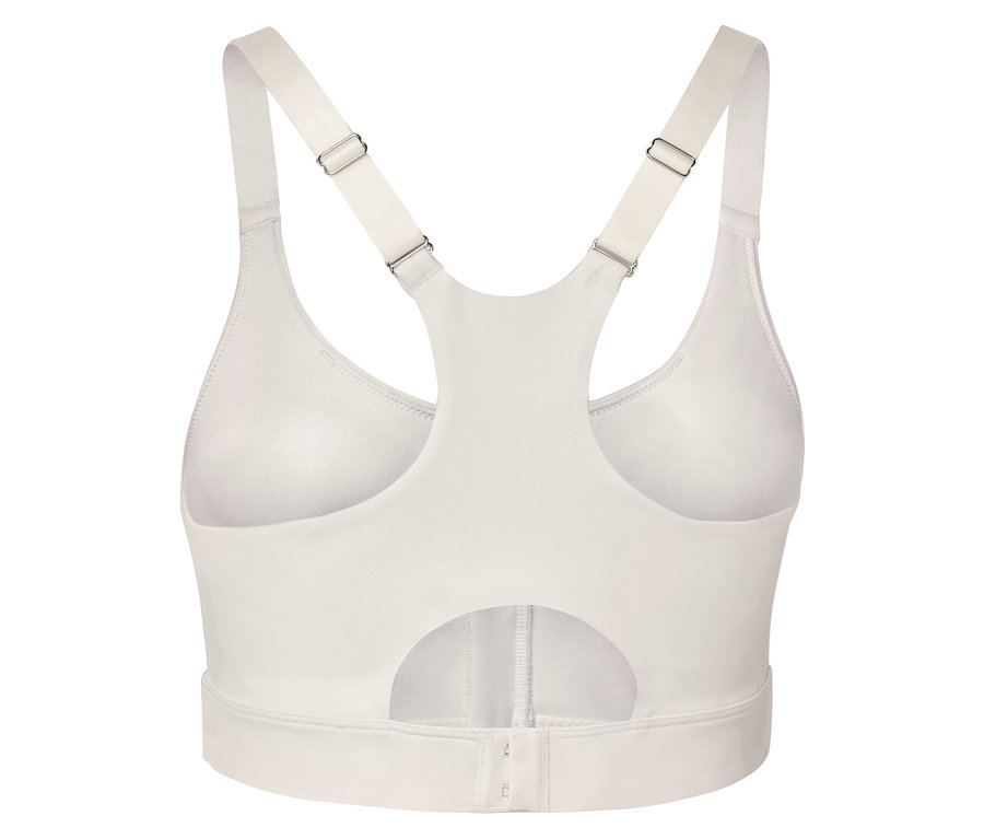 Vue arrière d'un soutien-gorge de sport beige avec bretelles réglables.