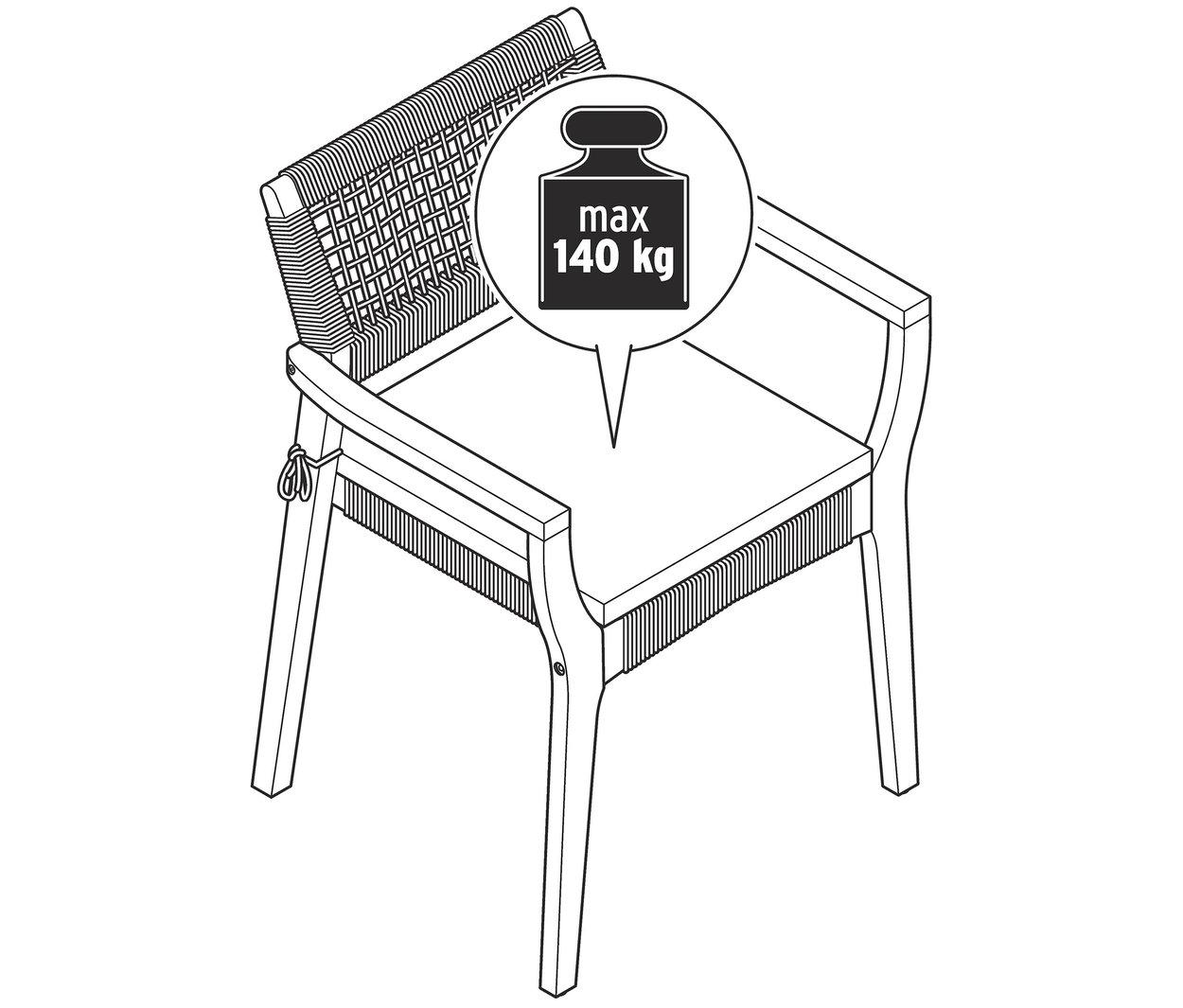 Schéma d'une chaise de salle à manger empilable avec coussin de siège et une capacité de charge maximale de 140 kg.