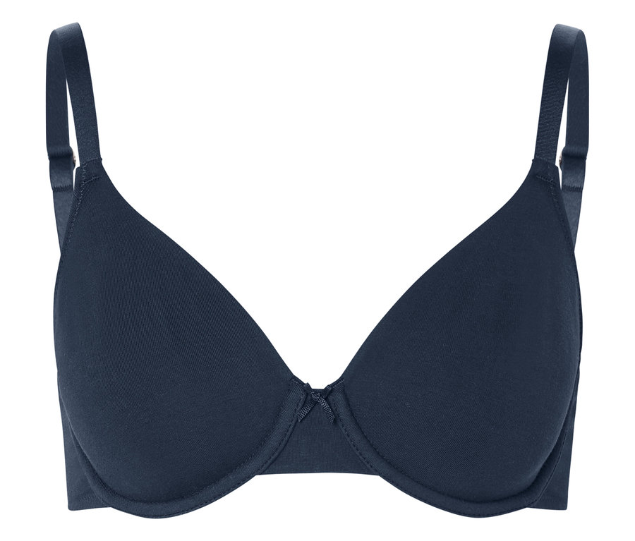 Gros plan d'un soutien-gorge à armatures bleu foncé avec bretelles réglables.