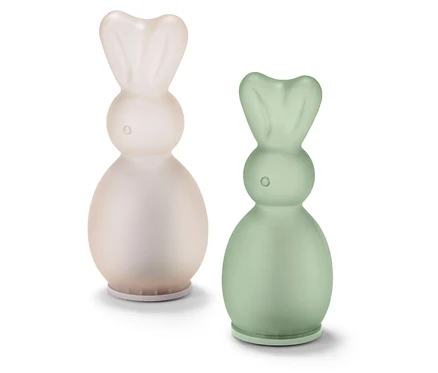 Deux lapins décoratifs se tiennent côte à côte.