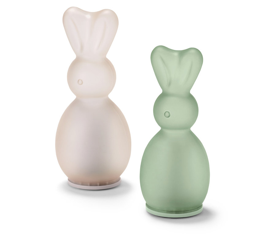 Deux lapins décoratifs se tiennent côte à côte.