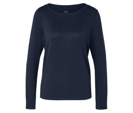 T-shirt de sport à manches longues « supersoft » bleu marine posé sur un fond blanc.