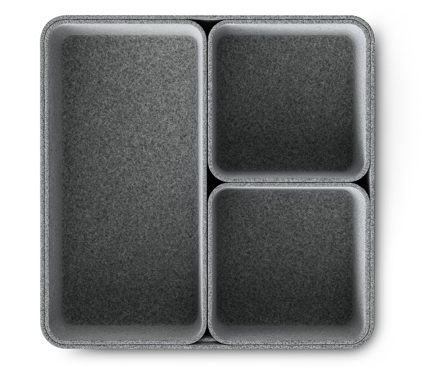 Organisateur gris avec trois compartiments.