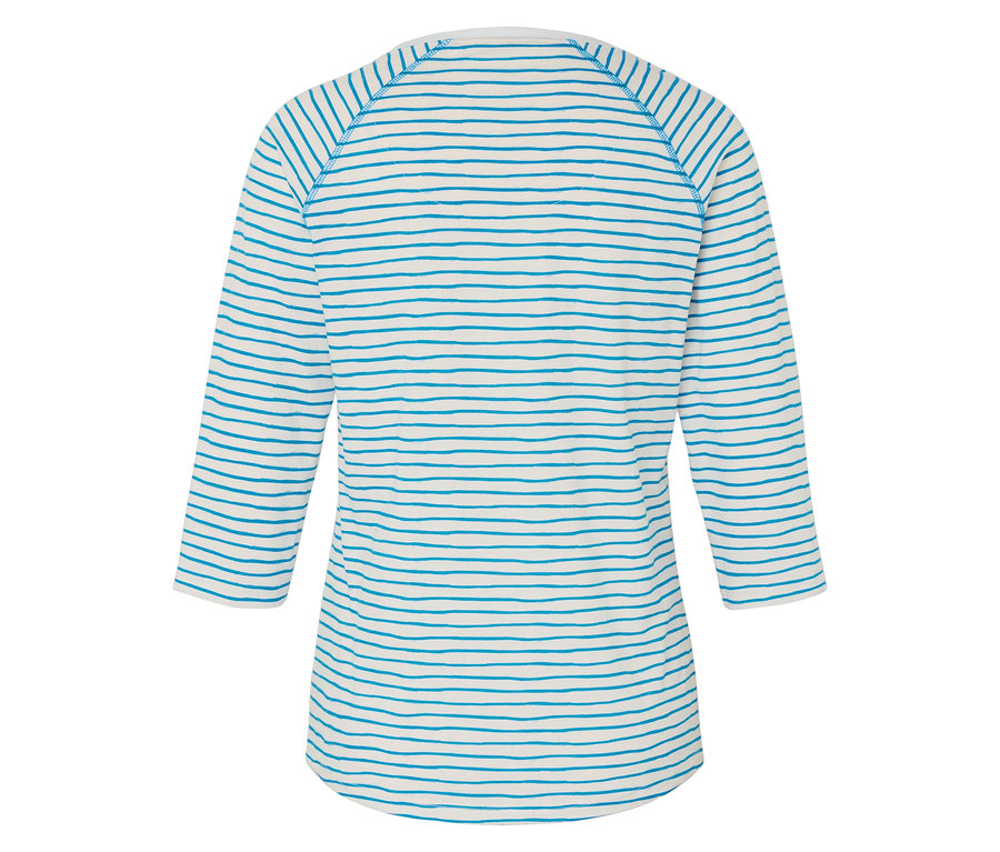 Vue arrière d'un t-shirt rayé ajusté à manches trois-quarts en bleu et blanc.