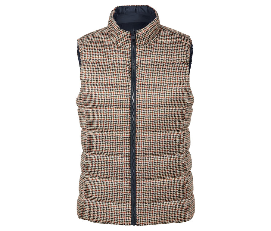 Veste matelassée à motif pied-de-coq marron et noir.