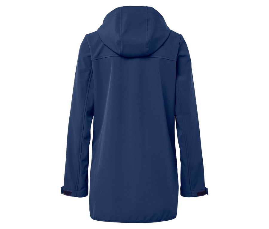 Vue arrière d'une veste softshell bleu foncé avec capuche.